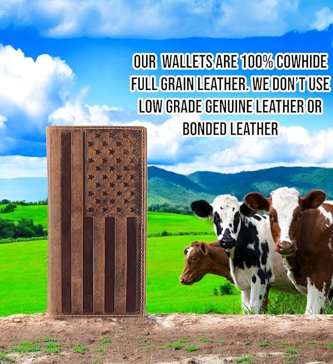 F&L CLASSIC Men's RFID Vintage Look Genuine Leather Long Bifold Wallet Checkbook Wallets,brown flag,240-100