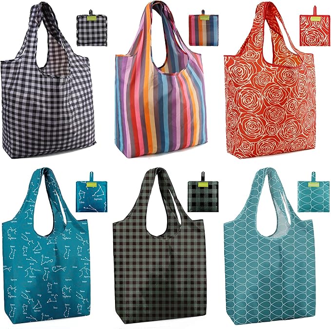 BeeGreen Large Tote Bag 6 Pack Reusable Grocery Bags Foldable - Bulk Machine Washable Ripstop Polyester Fabrics Grocery Bag - Reusable Shopping Bags for Women Travel Storage (Geometry Design)