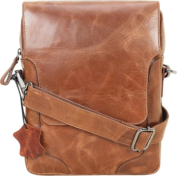 Pitaara Genuine Leather Crossbody Messenger Bag with Front Flap, Unisex, Full Grain Leather Shoulder Travel Bag, Tablet Bag