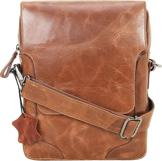 Pitaara Genuine Leather Crossbody Messenger Bag with Front Flap, Unisex, Full Grain Leather Shoulder Travel Bag, Tablet Bag