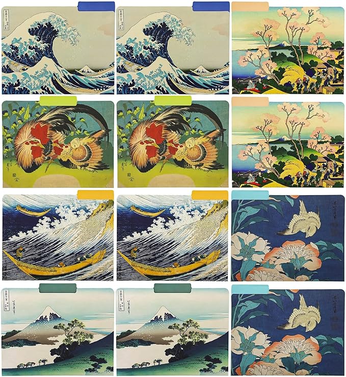 The Gifted Stationery 12 Pack Hokusai Floral File Folders, Decorative 1/3 Cut Tab, Letter-Size Holders for Home Office in 6 Patterned Designs - Decorative File Folders