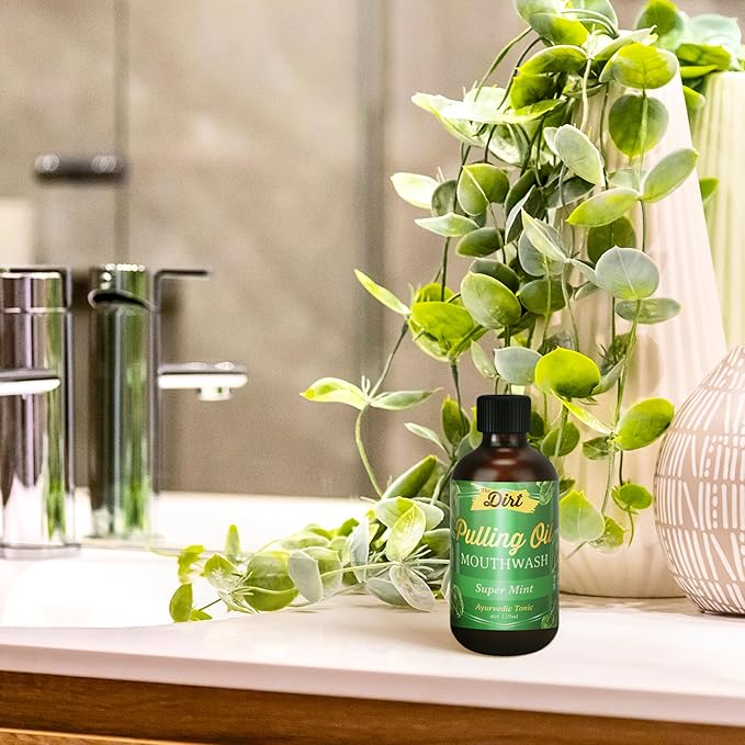 THE DIRT Oil Pulling Mouthwash - Gluten Free - Removes Plaque, Tartar, Bad Breath & Whitens Teeth (Super Mint, 4 Ounce)