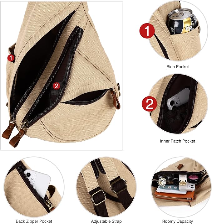 HuxFam Canvas Sling Bags Crossbody Sling Backpack for Men Women Chest Bags Small Hiking Travel Shoulder Daypack