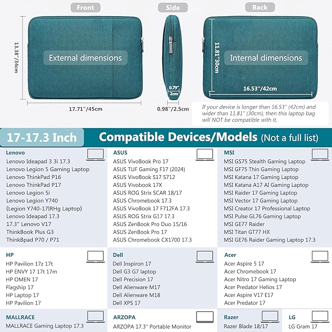 HYZUO 17-17.3 Laptop Sleeve Bag Set for 17" 17.3" HP/Lenovo/Dell/ASUS/Acer/LG/Toshiba/MSI Gaming Laptop/Razer Blade 17/18, Notebook Protective Case for Men Women, Dark Green