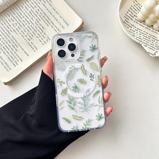 ZTOFERA for iPhone 13 Pro Max Magnetic Case Compatible with Magsafe,Aesthetic Floral Pattern Design Cute for Girl Women,Anti-Drop Protective Hard Phone Cover for iPhone 13 Pro Max-Green Leaf