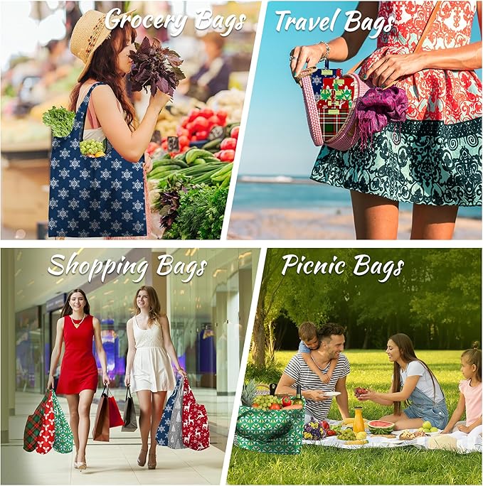 BeeGreen Christmas Reusable Gift Bags,6 Pack Large Holiday Tote Foldable Cloth Bag for Women, Cute Grocery Storage for Xmas Gifts Market Shopping, Washable Collapsible Reusable Bags with Handles