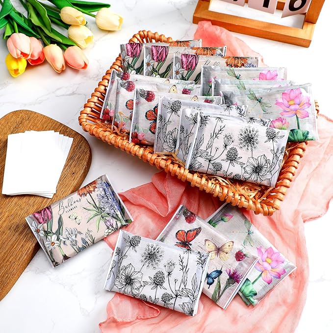 PerKoop 100 Pack Pocket Tissues Travel Slim Packs Small Facial Tissues Wallet Size Toilet Paper for Travel Guest Wedding Supplies, 4 Styles(Retro Floral)
