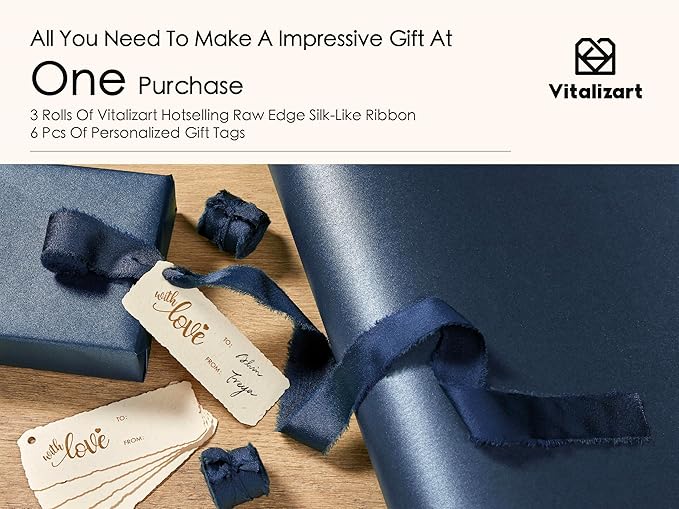 Vitalizart Blue Wrapping Paper Set 30" Pearly-Lustre With Silk Like Satin Ribbon & Gift Tags Recyclable Eco-Friendly Christmas Gift Wrapping Birthday Baby Shower Wedding Handmade Crafts 197"(16.4 Ft)