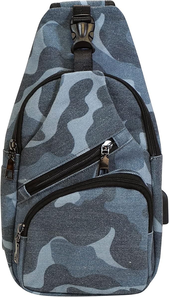 Anti-Theft Daypack Crossbody Sling Backpack, USB Charging Connector Port, Lightweight Day Pack for Travel, Hiking, Everyday, Regular, Vintage Blue Camo