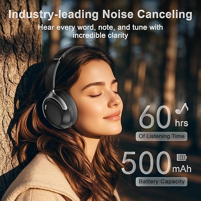 LORELEI QC30 Hybrid Active Noise Cancelling Headphones, 60H Playtime, Built-in Mic, Wireless Over Ear Headsets with Case,Bluetooth 5.4,Deep Bass Comfort Fit Soft-Earpads Fast Charging -Space Black