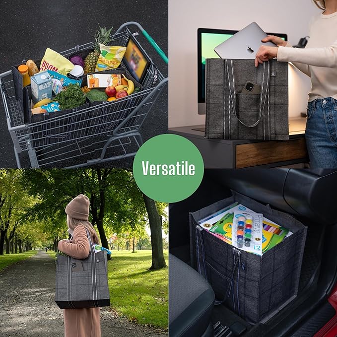 VENO 4 Pack Reusable Grocery Bags with Hard Bottom, Heavy-Duty Shopping Bags for Shopping Cart (Windowpane, 4 Pack)