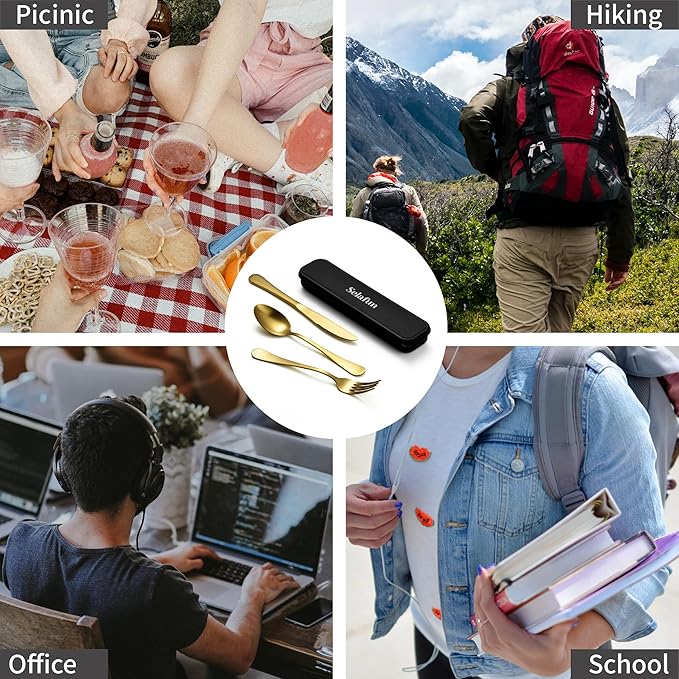 4-pieces Travel Set with Case Portable Silverware Utensils Set for work, Stainless Steel Reusable Flatware Set Cutlery Set for Camping Picnic Hiking Office (8inch, Matte Gold)