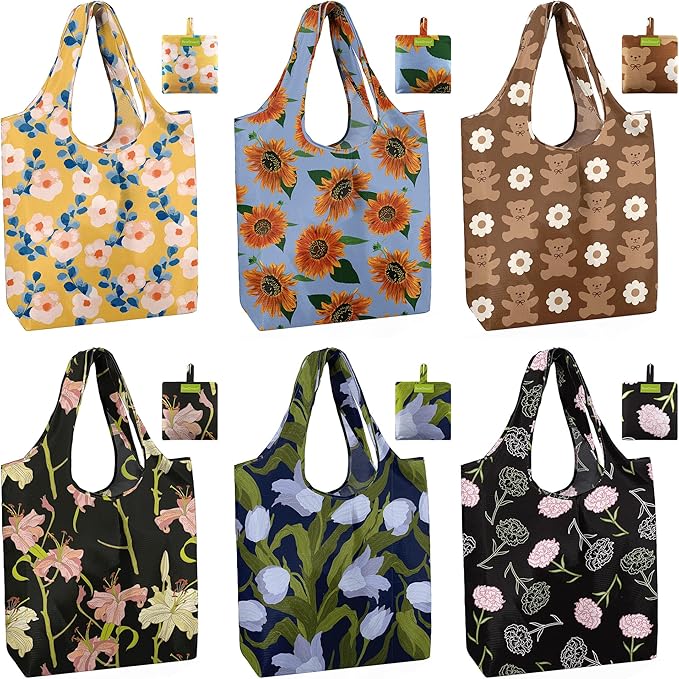 BeeGreen Reusable Grocery Bags 6 Pack, Heavy Duty Totes for Women, Foldable Grocery Bag Large Shopping Totes with Handles for Work, Travel, Gift, Store, Polyester Washable Reusable Tote Bag