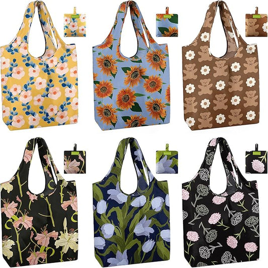 BeeGreen Reusable Grocery Bags 6 Pack, Heavy Duty Totes for Women, Foldable Grocery Bag Large Shopping Totes with Handles for Work, Travel, Gift, Store, Polyester Washable Reusable Tote Bag