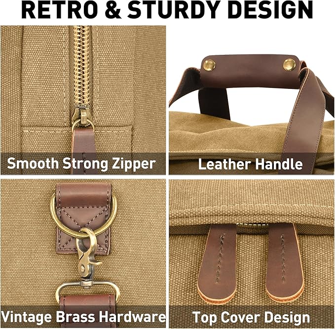 60L Duffle Bag for Men, Nomad Waxed Canvas Travel Duffel Bag Vintage Genuine Leather Travel Handbag Upgraded Weekender Overnight Backpack with Shoes Compartment (Khaki, X Large-60L)
