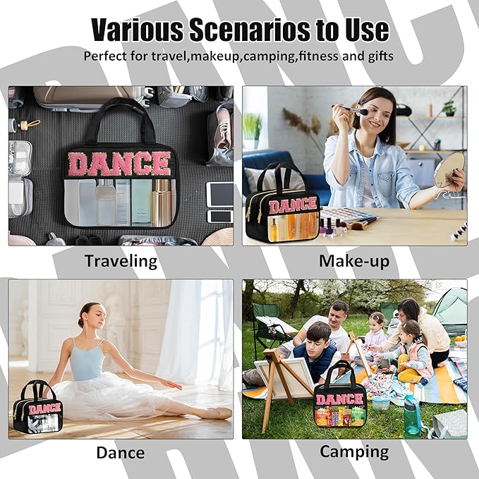 Dance Chenille Letter Bags Clear Makeup Bag for Travel, Dance Gift Cosmetic Pouch with Handles and Zipper, Nylon & PVC Waterproof Large Dance Accessories Toiletry Purse Storage Bag for Women