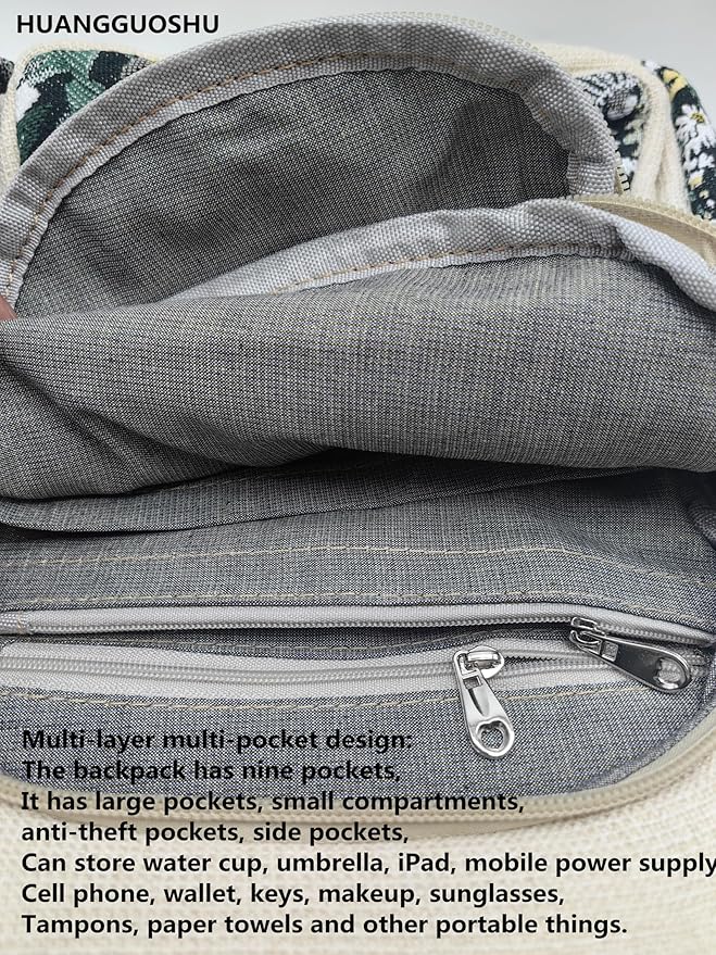 HUANGGUOSHU Women Cotton Woven Bohemian Hemp Boho Canvas Embroidery Multi Pocket Retro Cute Backpack Wallet Backpack（Lotus）