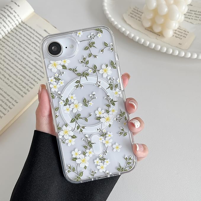 ZTOFERA for iPhone 16e Magnetic Case Compatible with Magsafe,Aesthetic Floral Pattern Design Cute for Girl Women,Anti-Drop Protective Hard Phone Cover for iPhone SE 4/16e-Big White Flower