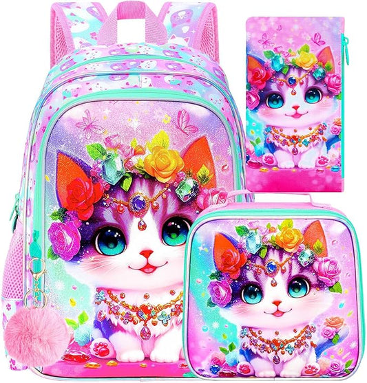 3Pcs Cat Backpack for Girls, 16" Kids School Backpacks with Lunch Box, Bookbag for Elementary Preschool Kindergarten(Pink)