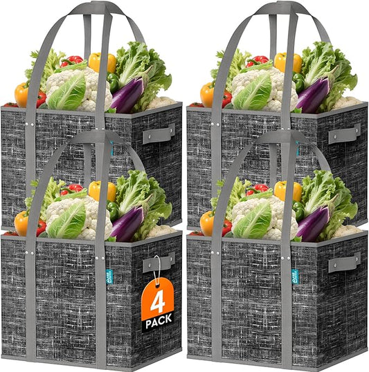 Fab totes Reusable Grocery Bags, Large Foldable Shopping Tote Bags with Reinforced Handles & Hard Bottom,Water Resistant Grocery Bags for kitchen,Picnic,4 Pack,Black