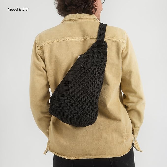 The Sak Geo Sling Backpack in Crochet, Single Sling Shoulder Strap, Black