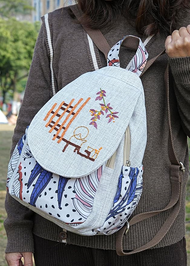 HUANGGUOSHU Women Cotton Woven Bohemian Hemp Boho Canvas Embroidery Multi Pocket Retro Cute Backpack Wallet Backpack Beans