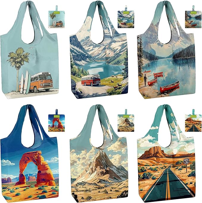 BeeGreen Reusable Grocery Bags 6 Pack, Heavy Duty Totes for Women, Foldable Grocery Bag Large Shopping Totes with Handles for Work, Travel, Gift, Store, Polyester Washable Reusable Tote Bag