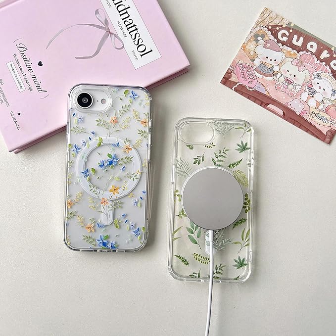 ZTOFERA for iPhone 16e Magnetic Case Compatible with Magsafe, Aesthetic Floral Pattern Design Cute for Girl Women,Anti-Drop Protective Hard Phone Cover for iPhone 16e-Green Leaf