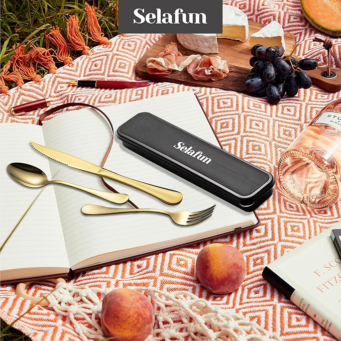 4-pieces Travel Set with Case Portable Silverware Utensils Set for work, Stainless Steel Reusable Flatware Set Cutlery Set for Camping Picnic Hiking Office (6.7inch, Matte Gold)