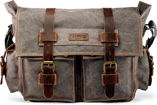 Messenger Bag for Laptop Vintage Canvas Leather Crossbody Satchel Shoulder Computer Bag Travel Office Messenger Bag