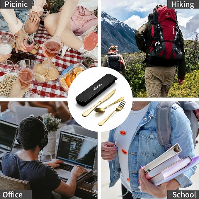 4-pieces Travel Set with Case Portable Silverware Utensils Set for work, Stainless Steel Reusable Flatware Set Cutlery Set for Camping Picnic Hiking Office (6.7inch, Matte Gold)