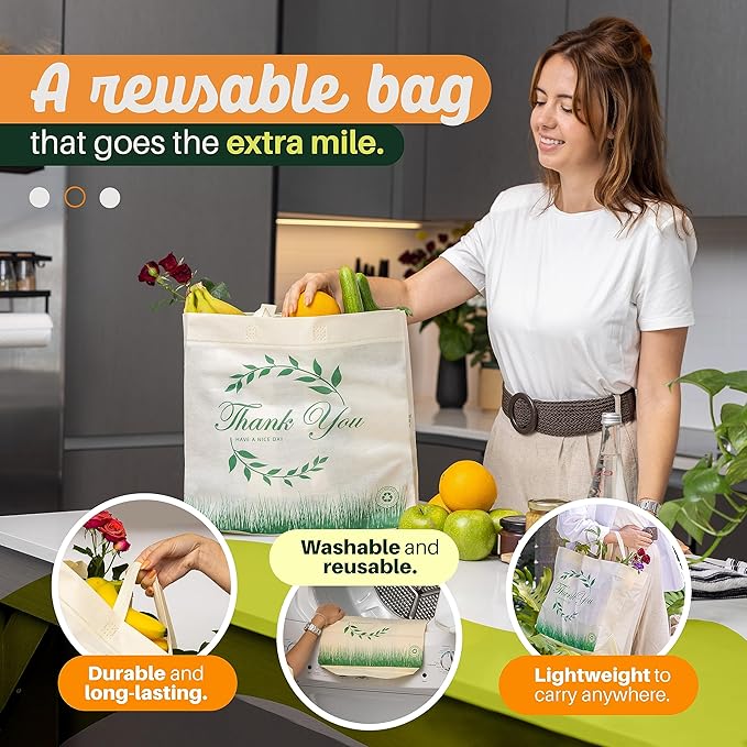 Simply Cool 50 Pack Reusable Thank You-Have a Nice Day Eco-Friendly Large Grocery Shopping Bags 14.5"x14"x6.6" Durable, Recyclable, Washable, Foldable Tote Bags Bulk