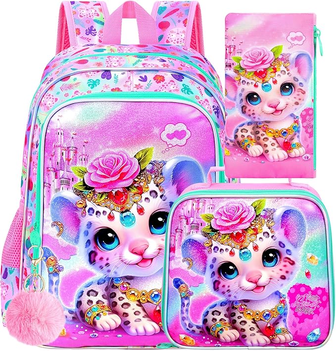 3Pcs Backpack for Girls, 16" Leopard Kids Bookbag for Elementary Preschool Kindergarten, School Backpacks with Lunch Box(Pink)
