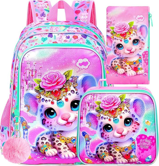 3Pcs Backpack for Girls, 16" Leopard Kids Bookbag for Elementary Preschool Kindergarten, School Backpacks with Lunch Box(Pink)