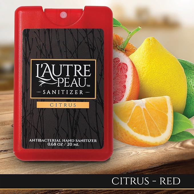 Travel Hand Sanitizer Spray with Aloe Vera by L’AUTRE PEAU - Unique Flat Credit Card Shape - Citrus Scented Mini Pocket Size (6 Pack - 20ML, Frost,Black,Red,Blue,Green,Yellow)