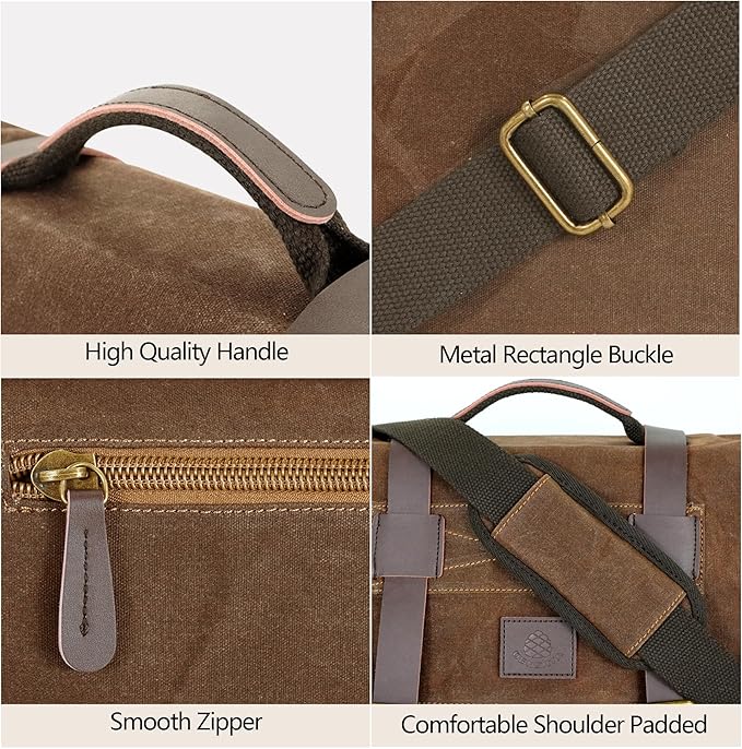 Messenger Bag for Men, 14-15.6 Inch Laptop Bag, Water-resistant Waxed Canvas Messenger Bag, Vintage Computer Satchel Briefcase for School Work Travel (Vintage Brown)