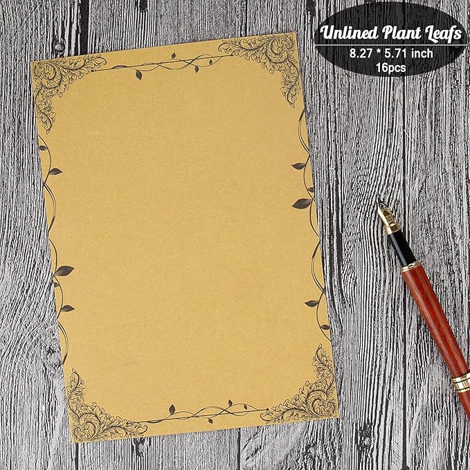 Vintage Stationary Paper + Kraft Envelopes Set with Seal Stickers (64pcs 4 Patterns 8.3 x 5.7 Writing Stationery Papers, 20pcs 2 Colors 7.9 x 4.7 Letter Envelope, 36pcs 2 Styles Rustic Seals)