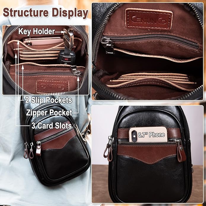 Genuine Leather Sling Bag for Men and Women Crossbody Shoulder Bag Sling Backpack Chest Purse Carry on Casual Daypack