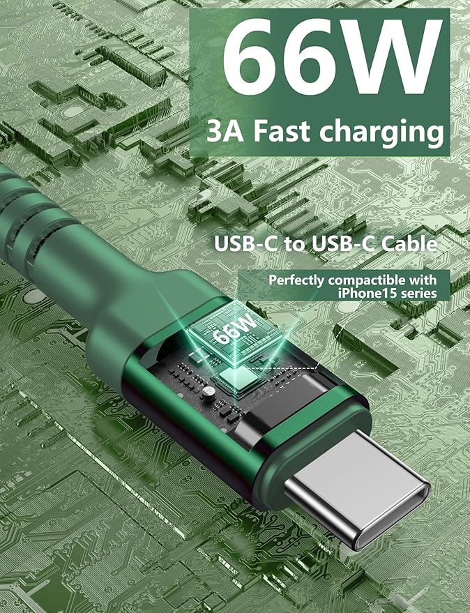 USB C Cable Fast Charging 10FT, 2Pack USBC to USBC Cable, iPhone 16 15 Charger Long Type C Nylon Braided USB-C Charger Cord for iPhone 17/16/15/Pro Max/Plus/Samsung Galaxy S23/LG/Switch-Green