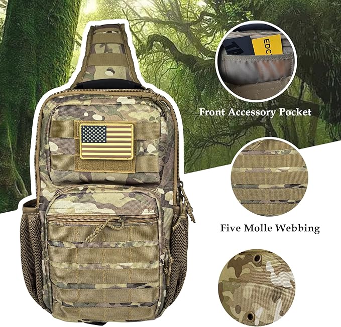 Tactical Shoulder Sling Bag, Small Chest Pack, 13L Backpack for Men Outdoor Sports, CP Camo