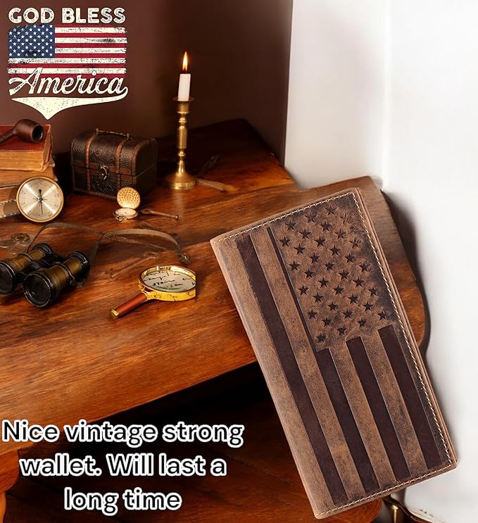 F&L CLASSIC Men's RFID Vintage Look Genuine Leather Long Bifold Wallet Checkbook Wallets,brown flag,240-100