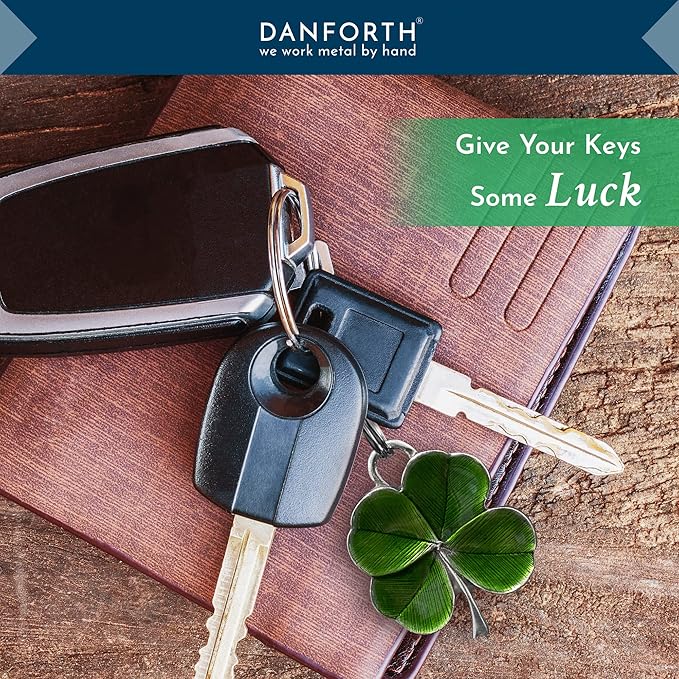 DANFORTH Four Leaf Clover Keychain (Green) | Pewter | Durable, Handcrafted Pewter Lucky Charm | St. Patricks Day Accessories | 1 ½” Tall x 1 ¼” Wide | Made in the USA