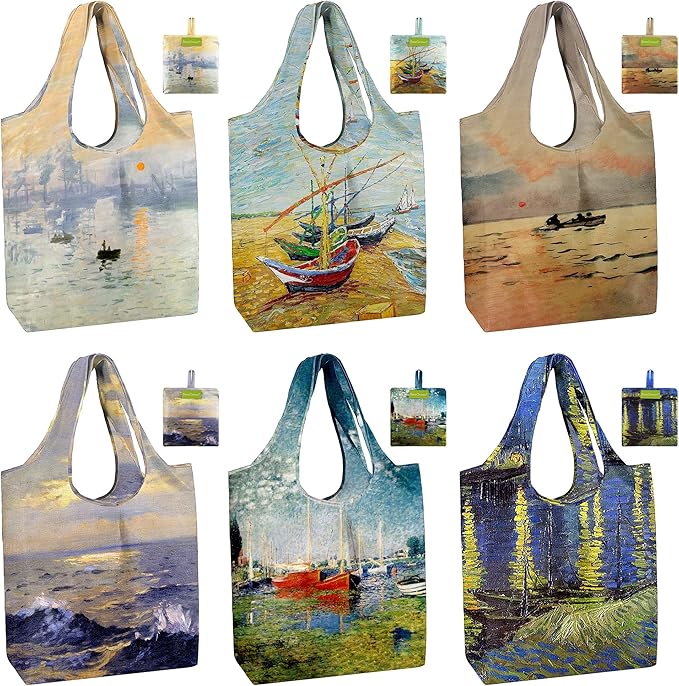 BeeGreen Oil Painting Reusable Grocery Bags 6 Pack, Heavy Duty Totes for Women, Foldable Grocery Bag Large Shopping Totes with Handles for Work, Travel, Gift, Polyester Washable Reusable Tote Bag