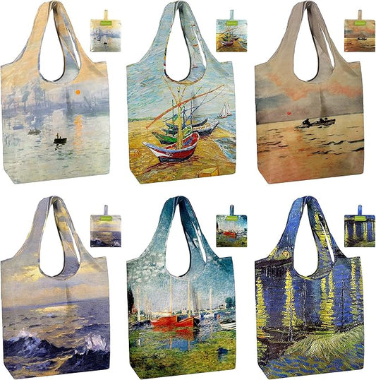 BeeGreen Oil Painting Reusable Grocery Bags 6 Pack, Heavy Duty Totes for Women, Foldable Grocery Bag Large Shopping Totes with Handles for Work, Travel, Gift, Polyester Washable Reusable Tote Bag