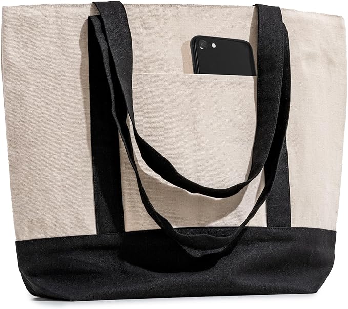 Carrywell |Not Made in China| 6 Pack Cotton Tote Bags, Reusable Grocery Shopping Bag with Zipper Closure and Front Pocket, Heavy Duty Organic Cloth w/Handles