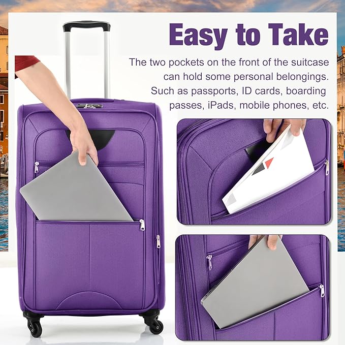 Merax Softside Luggage Set Softshell Lightweight 3 Piece Spinner Suitcase with Duffel Bag Expandable Upright Travel Luggage 22" 26" 30",Purple