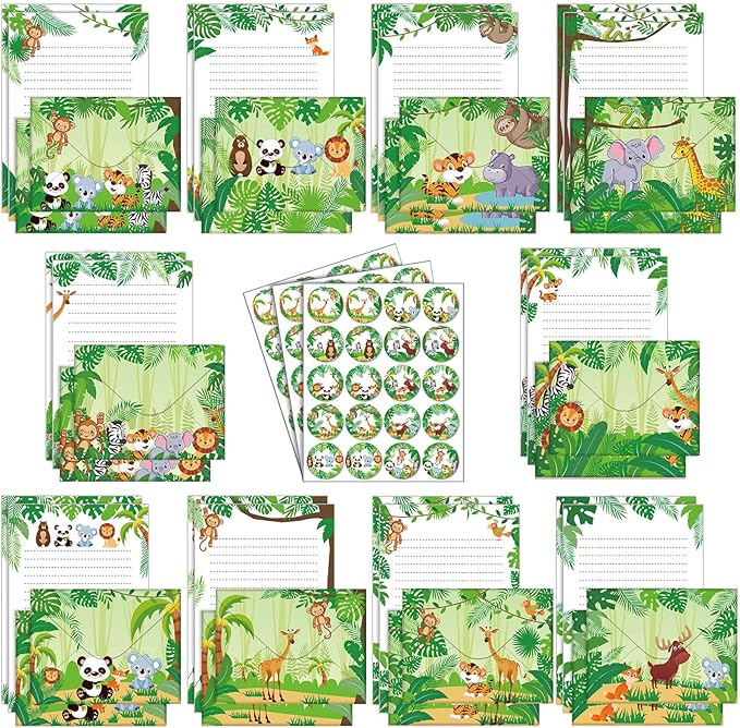 TaoBary 160 Pcs Stationery Paper Set 50 Double Sided Stationery Papers with 50 Matching Envelopes and 60 Round Dot Sticker, 10 Design(Safari Animal,5.5 x 8.25 Inch)