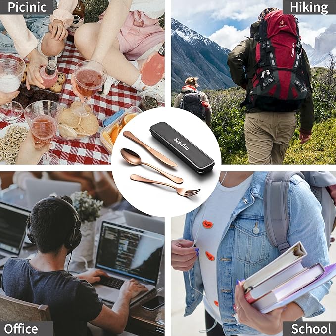 4-pieces Travel Set with Case Portable Silverware Utensils Set for work, Stainless Steel Reusable Flatware Set Cutlery Set for Camping Picnic Hiking Office (8inch, Rose Gold)