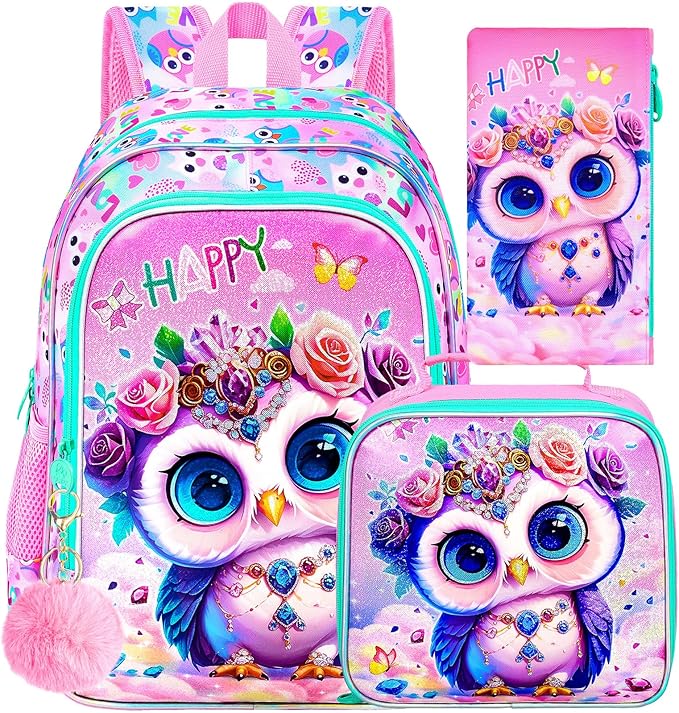 16" Backpack for Girls, 3Pcs Owl Kids Bookbag for Elementary Preschool Kindergarten, School Backpacks with Lunch Box(Pink)