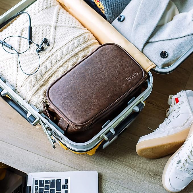Elviros Travel Toiletry Bag for Men, Shaving Dopp Kit Water-resistant Bathroom Small Toiletries Organizer PU Leather Cosmetic Bags